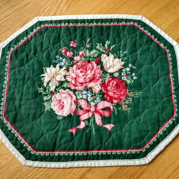 Vintage Quilted Placemats Pink Rose Green Set of 5 Handmade Dining Place Mats - Picture 7 of 16